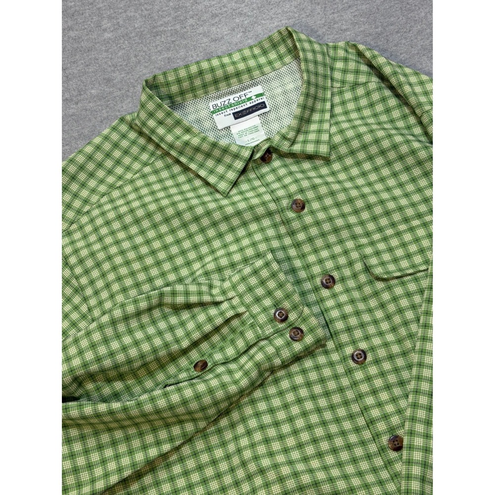 ExOfficio Buzz Off Insect Shield Shirt Mens Large Green Plaid Long Sleeve Hiking